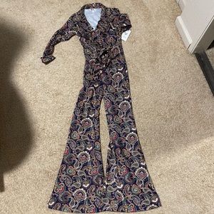 NWT Unique Vintage Navy Paisley Print Jumpsuit XS & free belt gift